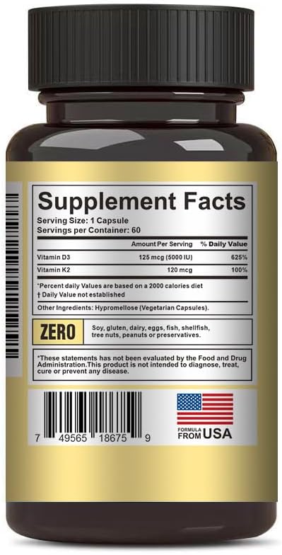 Crown Elite Premium Vitamin D3 & K2 Supplement, 2 in 1 Complex, 5000 IU D3 & 100 mcg K2 |