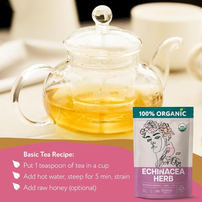 Organic Echinacea Tea (4 oz.) – Echinacea Herb (Echinacea Purpurea) – Immune Support, Respiratory, Digestion – Loose Leaf Herbal Tea - Equinacea Organica