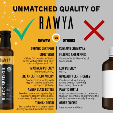 RAWYA Black Seed Oil - Organic Cold Pressed Nigella Sativa - Turkish Origin - USDA Organic - Natural Supplement - Black Cumin Seed Oil - Rich Flavor & High Concentration - 250ml Glass Bottle