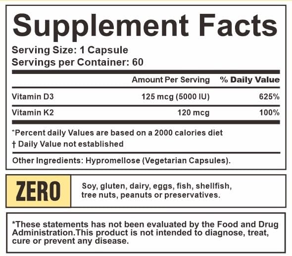 Crown Elite Premium Vitamin D3 & K2 Supplement, 2 in 1 Complex, 5000 IU D3 & 100 mcg K2 |
