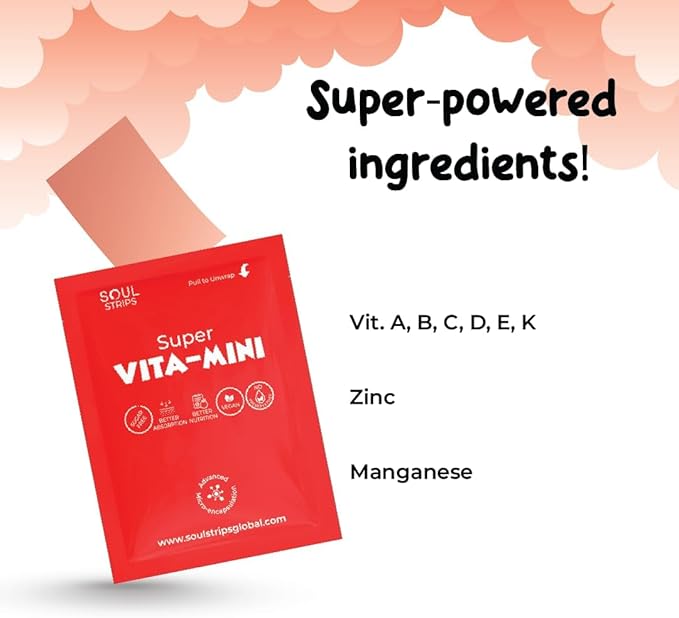 Soul Strips Super Vita-Mini - Essential Vitamins A, B, C, D, E, K & Minerals for Kids' Growth & Health, Raspberry, Zero Sugar, 100% Vegan, 30 Strips Pack '