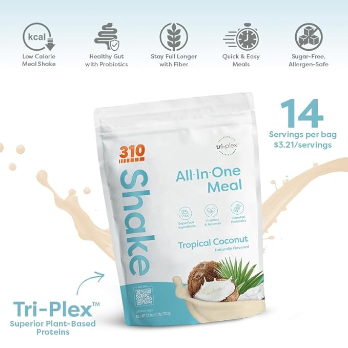 310 Nutrition Meal Replacement Shake - Fiber-Rich Vegan Superfood Blend - Low Carb, Keto & Paleo Friendly, Gluten-Free, 26 Vitamins & Minerals, Natural Sweeteners - Tropical Coconut, 14 Servings