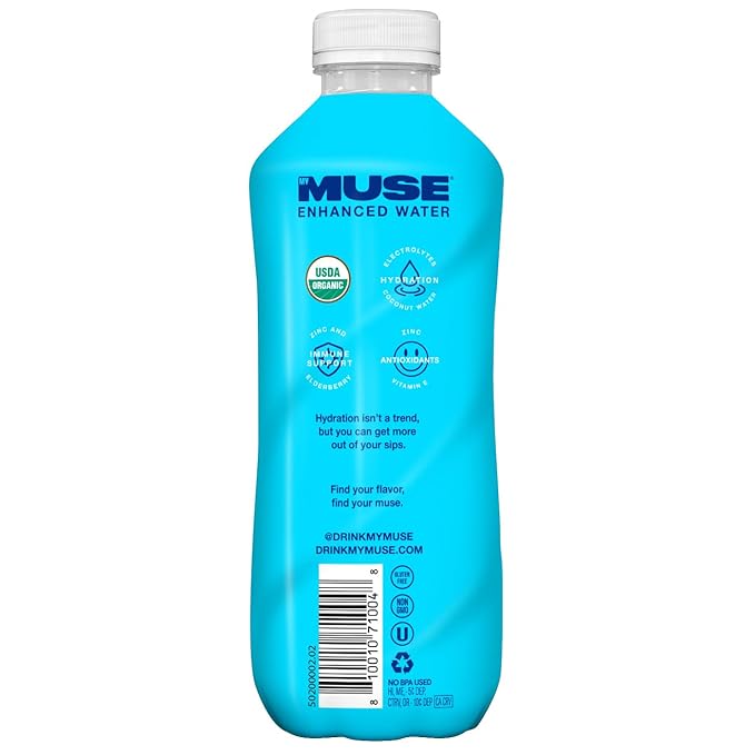 MyMuse Organic Enhanced Flavored Water, Super Berry, 16.9 Fl Oz Bottle (12 pack), 1G of Sugar, Immune Support with Zinc & Elderberry, Antioxidants Vitamin E, Low Calories, USDA organic