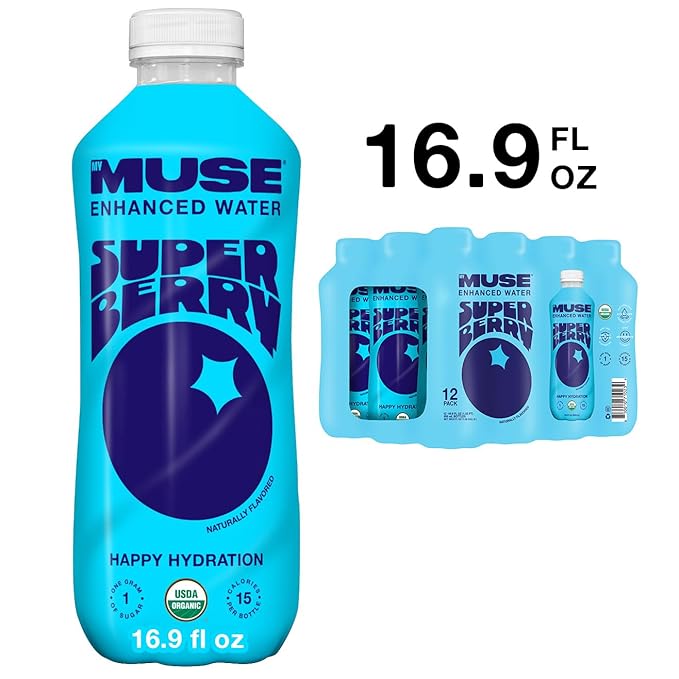 MyMuse Organic Enhanced Flavored Water, Super Berry, 16.9 Fl Oz Bottle (12 pack), 1G of Sugar, Immune Support with Zinc & Elderberry, Antioxidants Vitamin E, Low Calories, USDA organic