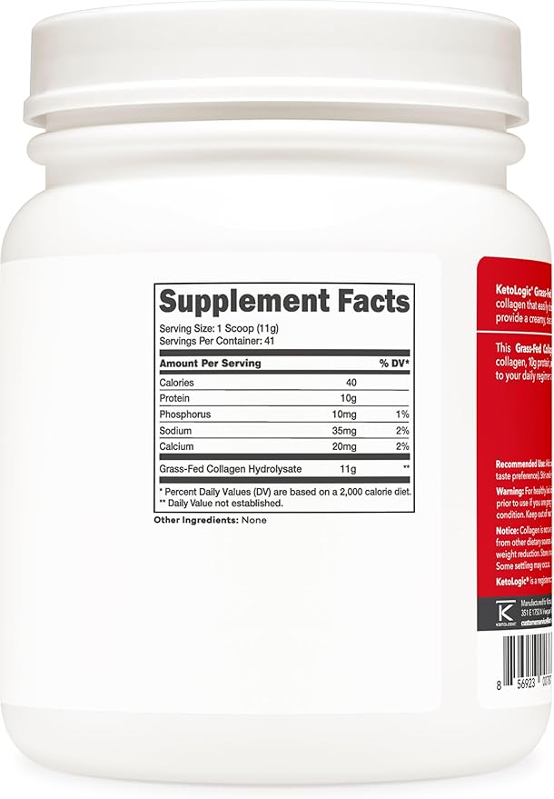 Ketologic Grass Fed Collagen Hydrolysate Powder (1 LB) 37 Servings, 11 G 10 G
