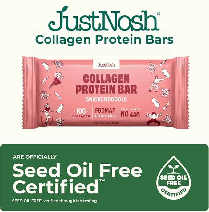 JustNosh Collagen Protein Bars, 10g Collagen, 15g Protein, Gluten Free, Dairy Free, FODMAP Friendly, Seed Oil Free Certified, Clean Ingredients | Snickerdoodle (12 Pack)