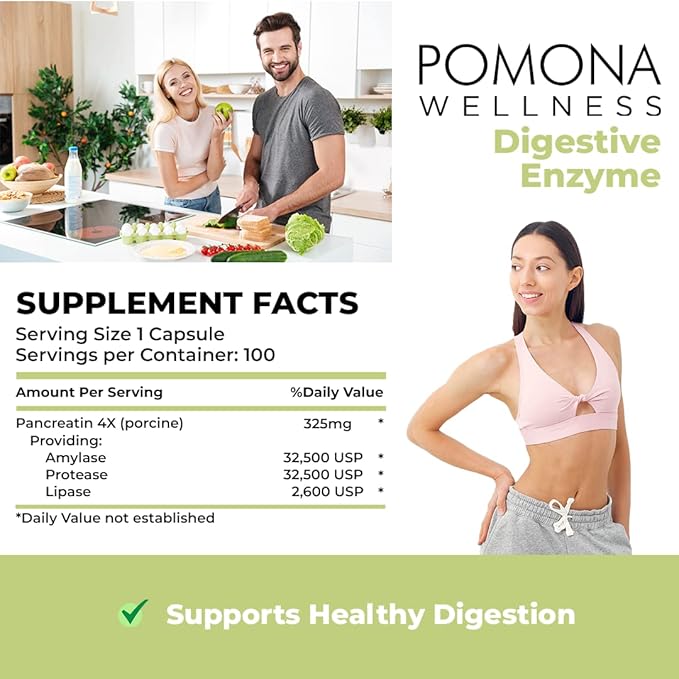 Pomona Wellness Digestive Enzyme Probiotic Supplement, 325mg, Supports 100 Count