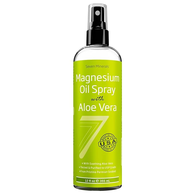 Seven Minerals, Magnesium Oil Spray with Aloe Vera - Less Itchy - Use as Magnesium Spray Deodorant - Made in USA - Get Healthy Hair & Skin and Sleep Better - Free eBook Included (Big 12 oz)