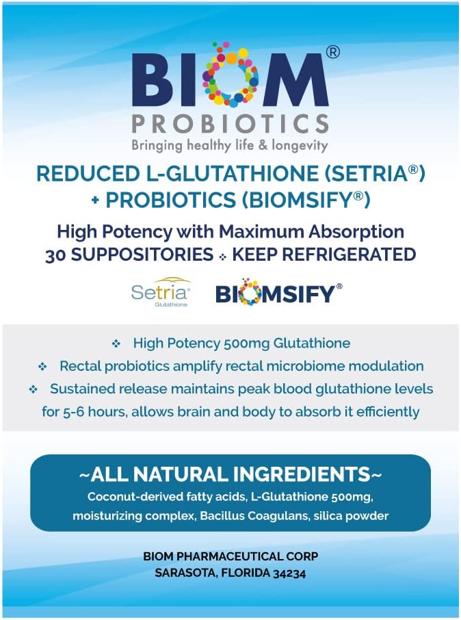 High Potency 500mg Reduced L-Glutathione (Setria Brand) + Probiotic Suppository. Maximum Bioavailable Glutathione Formulation with Powerful Antioxidants. Probiotic Complements The Formulation
