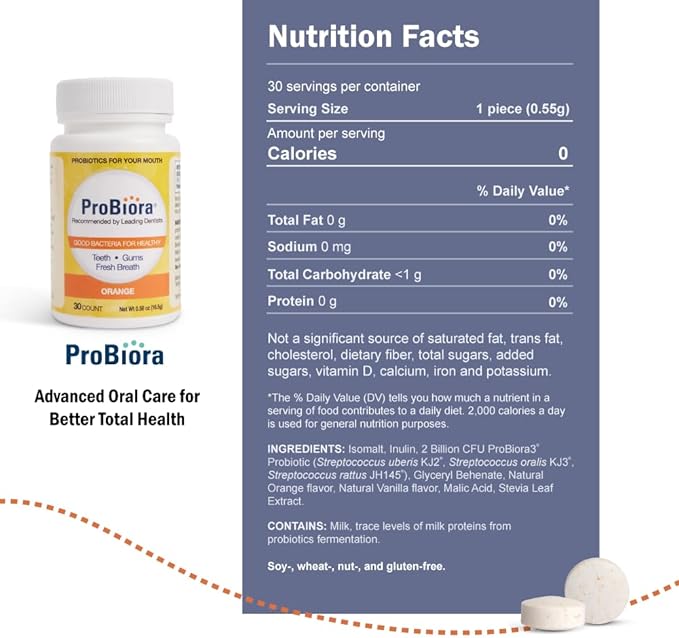 ProBiora Oral-Care Chewable Probiotic Tablets | Probiotic Supplement for Women & Men | Healthier Teeth & Gums | Fresher Breath | Whiter Teeth | Better Overall Health | 30 Count | Orange