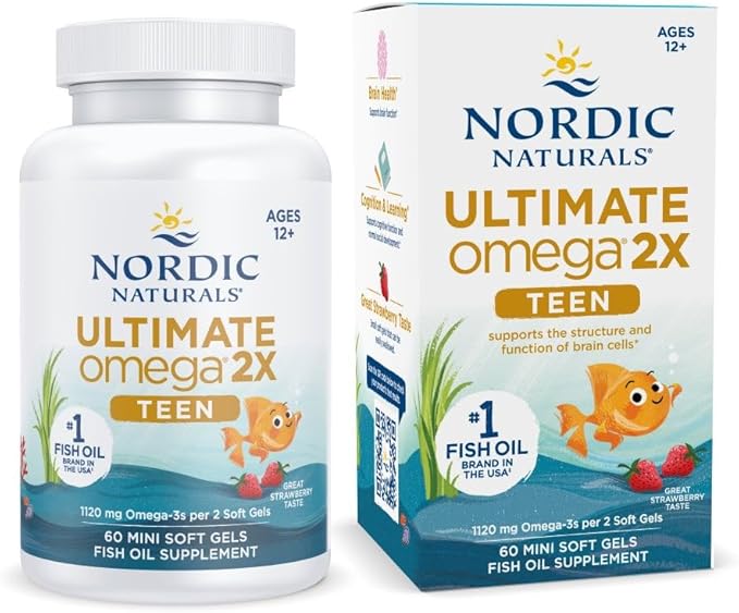 Nordic Naturals Ultimate Omega 2X Teen, Strawberry 60 Mini 1120 mg Omega-3s with 30 Servings