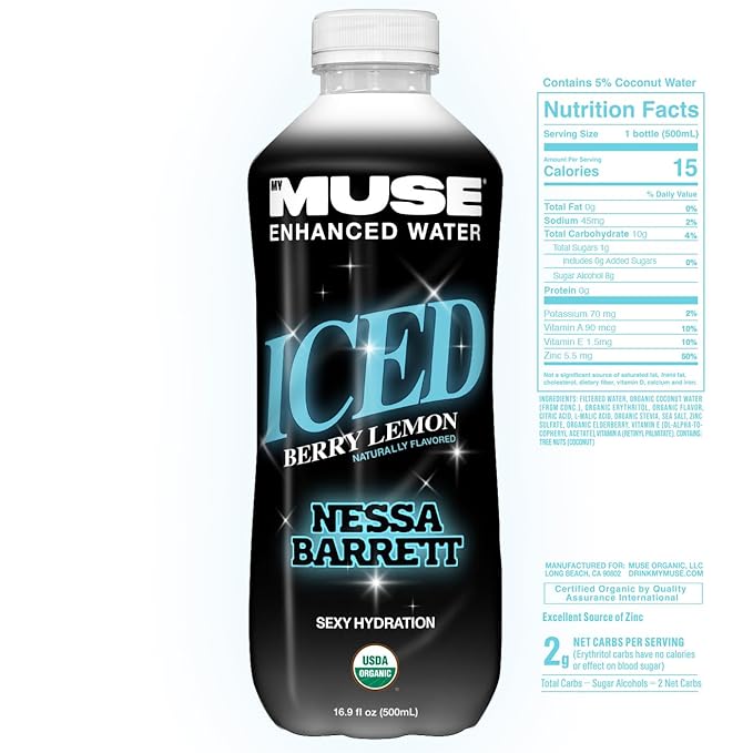 MyMuse Organic Enhanced Flavored Water, Ice Berry Lemon, 16.9 Fl Oz Bottle (12 pack), 1G of Sugar, Immune Support with Zinc & Elderberry, Antioxidants Vitamin E, Low Calories, USDA organic