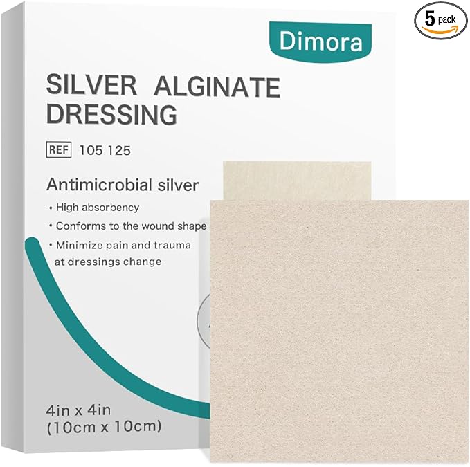 Dimora Upgrade Silver Calcium Alginate Wound Pads,4'' x 4'' Patches 5 Packs