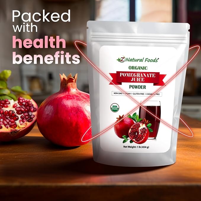 Z Natural Foods Pomegranate Powder - Organic Pomegranate Juice Powder, Pure & Natural Pomegranate Fruit Extract - Nutritious, Antioxidant Superfood for Smoothies, Tea, Yogurt & Culinary Use, 1 lb