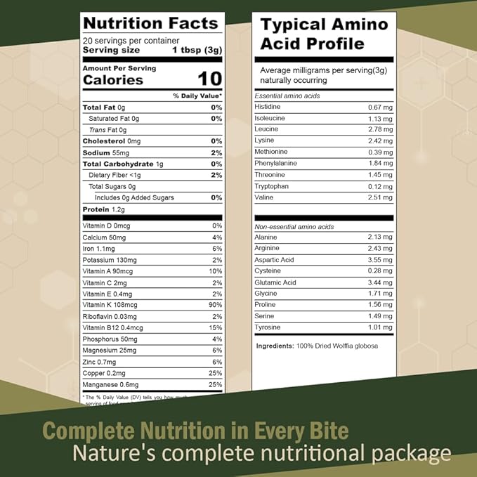 Premium Dried Wolffia globosa Superfood | Low Carb, High Protein 40% | Rich in Minerals, Vitamins A E B12 & Essential Amino Acids | The Future of Sustainable Plant-Based Nutrition 2.11 oz (60g)
