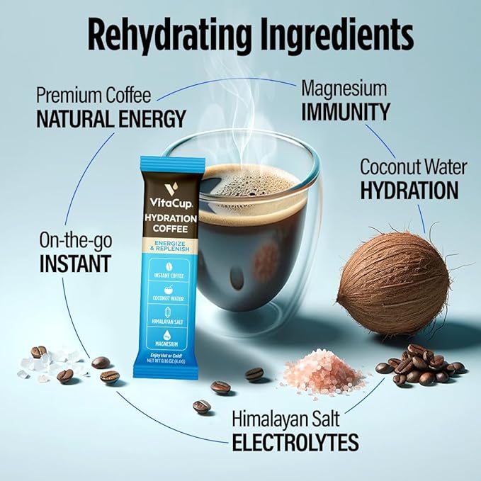 VitaCup Hydration Coffee Packets, The First Coffee That Hydrates You w/Electrolytes, Coconut Water, Pink Himalayan Salt, Magnesium, Medium Roast, Instant Coffee in Single Serve Sticks, 10 Ct