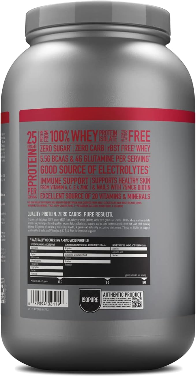 Isopure Zero Carb 100% Pure Whey Isolate Protein Powder, Lactose Free, Gluten Free, With Vitamins, Strawberries & Cream, 25g Protein Per Serving, 3 Lbs, 44 Servings