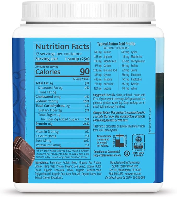 Sunwarrior Vegan Protein Powder Plant-Based USDA Organic | BCAA Amino Acids Hemp Seed | Keto Friendly Soy, Dairy, Gluten, & Synthetic Free Non-GMO | Chocolate 17 Servings 16g