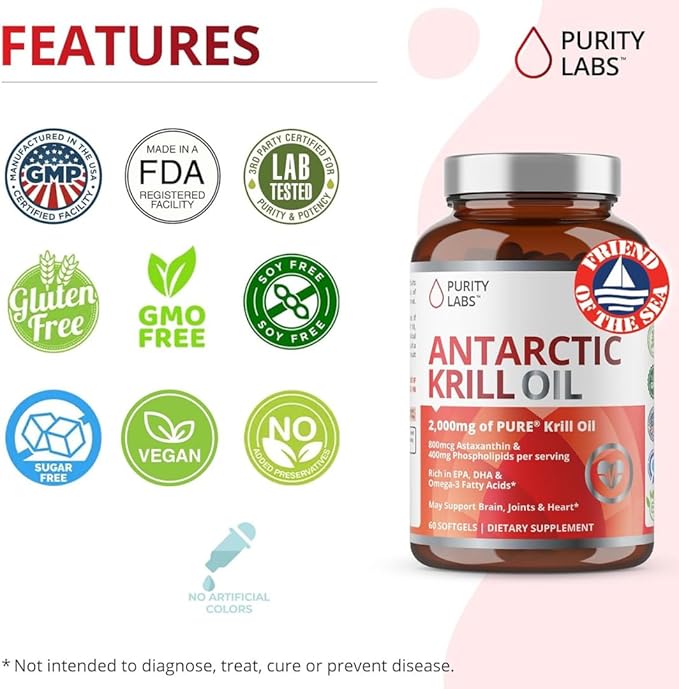 Purity Labs Antarctic Krill Oil 2000mg Omega-3 with 800mcg Supplements 3, Fatty 60 Softgels