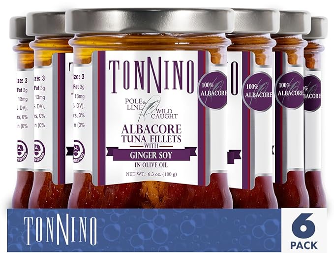Tonnino Albacore Tuna in olive oil with Ginger Soy 6.3oz 6-Pack Omega-3 Rich, High Protein, Gluten-Free, Ready-to-Eat Tuna Packets for Tuna Salad, Tuna Fish Alternative to Salmon, Pole & Line Caught