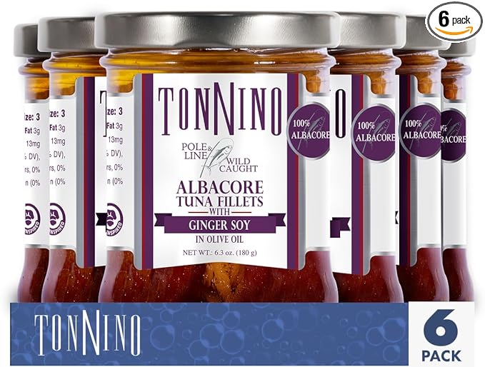 Tonnino Albacore Tuna in olive oil with Ginger Soy 6.3oz 6-Pack Omega-3 Rich, High Protein, Gluten-Free, Ready-to-Eat Tuna Packets for Tuna Salad, Tuna Fish Alternative to Salmon, Pole & Line Caught