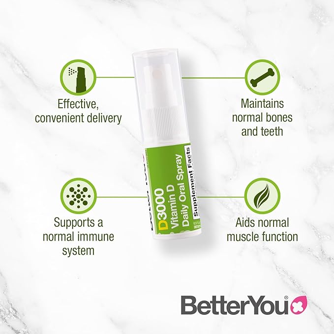 BetterYou D3000 Vitamin D Oral Spray - Convenient Alternative for Tablets - Promotes Strong Bones, Teeth and Immune System - Aids in Calcium Absorption - Natural Peppermint Flavor - 0.5 oz