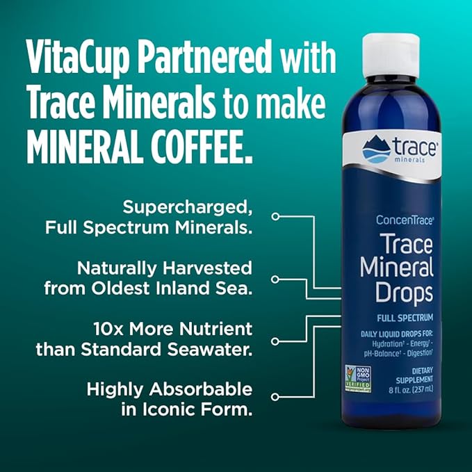 VitaCup Mineral Coffee Pods with Trace Minerals, Hydrate, Replenish & Restore, Sea Minerals, Electrolytes, Organic Coffee, Medium Dark Roast, Single Serve Pod Compatible with Keurig K-Cup Brewers,32Ct