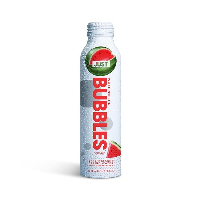 JUST Bubbles Watermelon - Pure Premium Sparkling Spring Water in a Fully Recyclable Reusable Eco-Friendly Bottle - 100% Mountain-Sourced Carbonated Water with Naturally Occurring Minerals, 16 Fl Oz