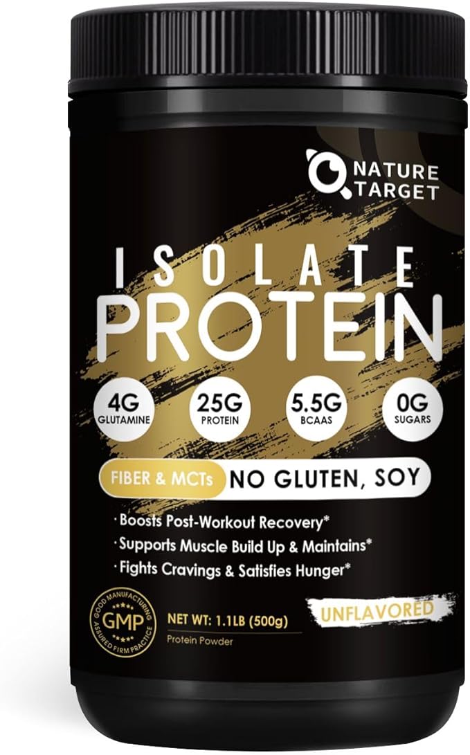 NATURE TARGET Whey Isolate Protein Powder, Unflavored, 25g Protein, Low Carb Protein Powder, Sugar-Free, for Men & Women, 5.5g BCAAs, Rich in Fibers & Minerals, 1.1 Pound (500g)