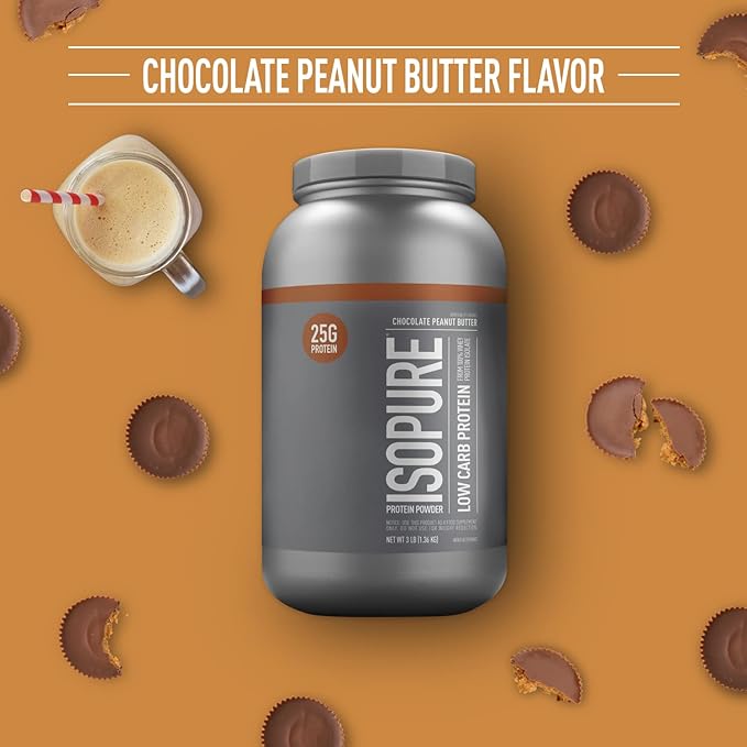 Isopure Low Carb 100% Pure Whey Isolate Protein Powder, Lactose Free, Gluten Free, With Vitamins, Chocolate Peanut Butter, 25g Protein Per Serving, 3 Lbs, 40 Servings