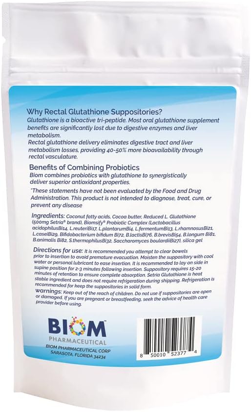 High Potency 500mg Reduced L-Glutathione (Setria Brand) + Probiotic Suppository. Maximum Bioavailable Glutathione Formulation with Powerful Antioxidants. Probiotic Complements The Formulation