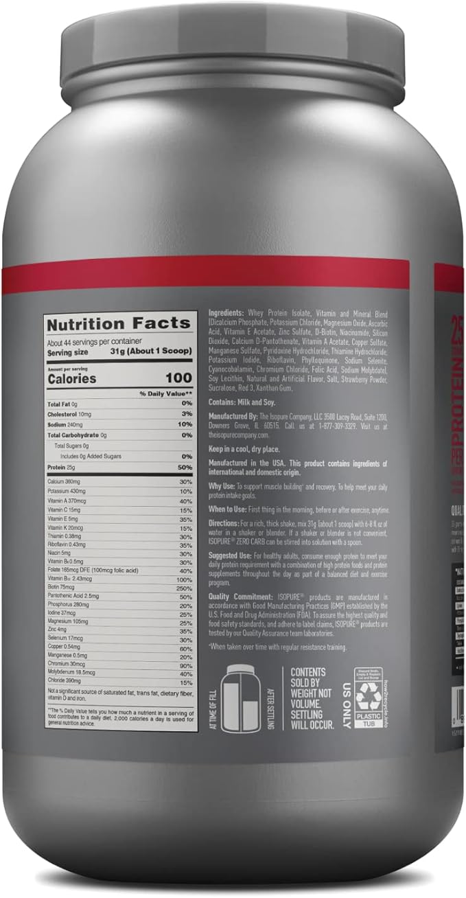 Isopure Zero Carb 100% Pure Whey Isolate Protein Powder, Lactose Free, Gluten Free, With Vitamins, Strawberries & Cream, 25g Protein Per Serving, 3 Lbs, 44 Servings
