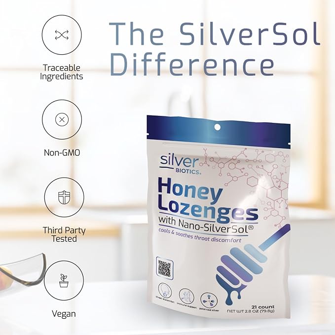 Silver Biotics Colloidal Silver Lozenges | 60 PPM Ag₄O₄ SilverSol | Immune Support + Throat Soothing Lozenges | Honey | 21 Count