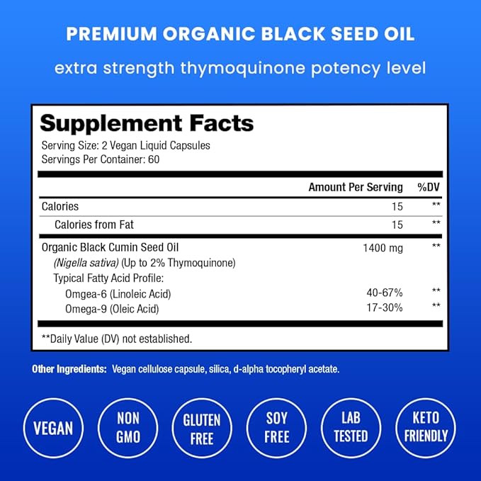 NutraChamps Organic 120 Vegan Softgel Black Cumin Seed Oil Capsules, 1400mg Per Serving Virgin Cold Pressed Nigella Sativa Oil Pills with Thymoquinone & Vitamin E, Rich in Omega 3 6 9