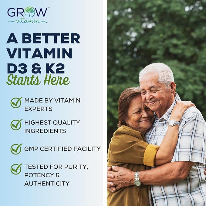 grow vitamin D3 K2 w/MCT Oil - 10,000 IU D3, 100 mcg K2 MK7, Calcium, Zinc, BioPerine, Magnesium for Superior Absorption - 60 Capsules