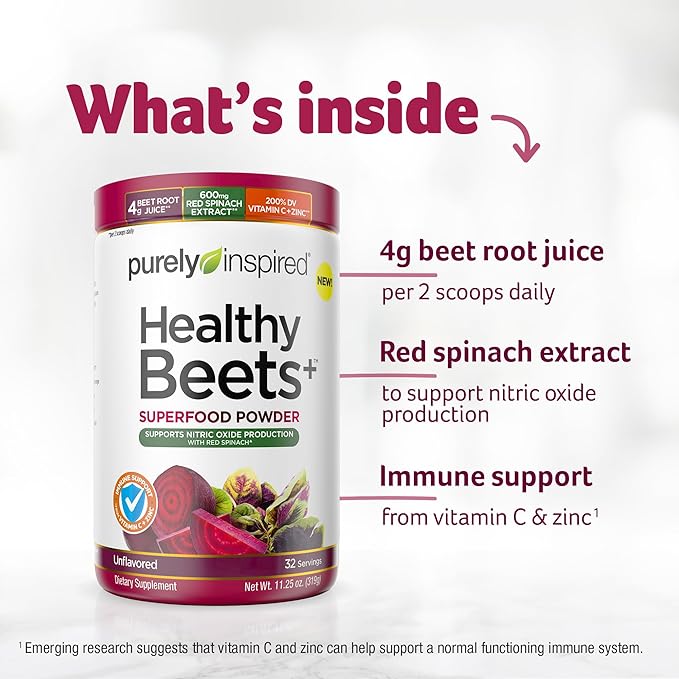 Purely Inspired Healthy Beets Superfood Powder, Unflavored - Super Beet Root Powder with Red Spinach Extract, Vitamin C & Zinc for Immune Support - Supports Nitric Oxide Production for Men & Women