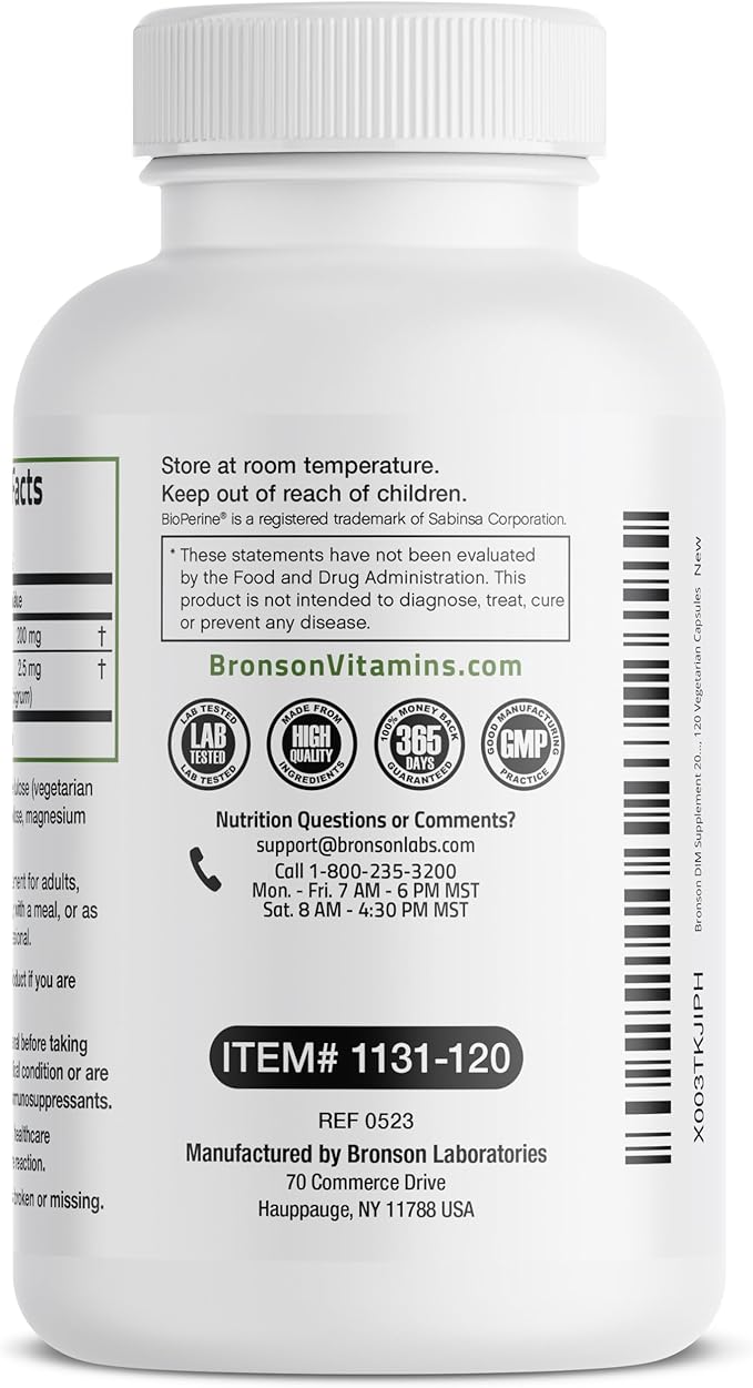 Bronson DIM Supplement 200 MG Diindolymethane with BioPerine for Enhanced Absorption, Estrogen Metabolism & Maintains Balanced Hormone Levels, 120 Vegetarian Capsules