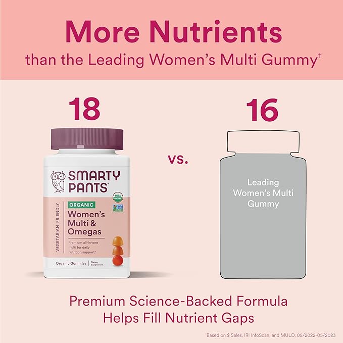 SmartyPants Organic Women's Multivitamin Gummies: Biotin, 3 (ALA), D3, C, B12, B6, B6, Vitamin 120 Count (30 Day