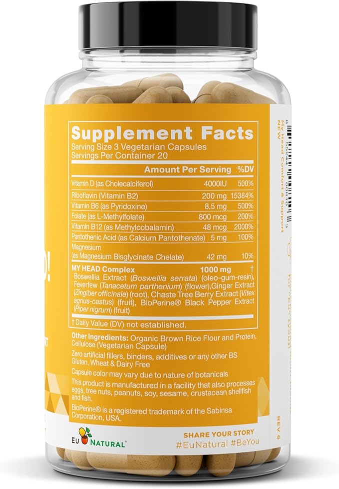 My Head! Headache Vitamins – Sensitivity, Tension, Comfort, Healthy Head Function for A Clear Mind – Fast acting Magnesium, Feverfew, Boswellia, Vitamin D, Ginger, & More – 60 Soft Capsules