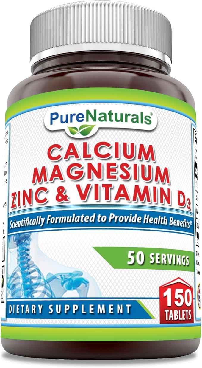 Pure Naturals Calcium Magnesium Zinc Vitamin D3 Supplement 1000mg, Magnesium 400mg, Zinc 25mg, Vitamin D3 600 600 IU (150 Tablets)
