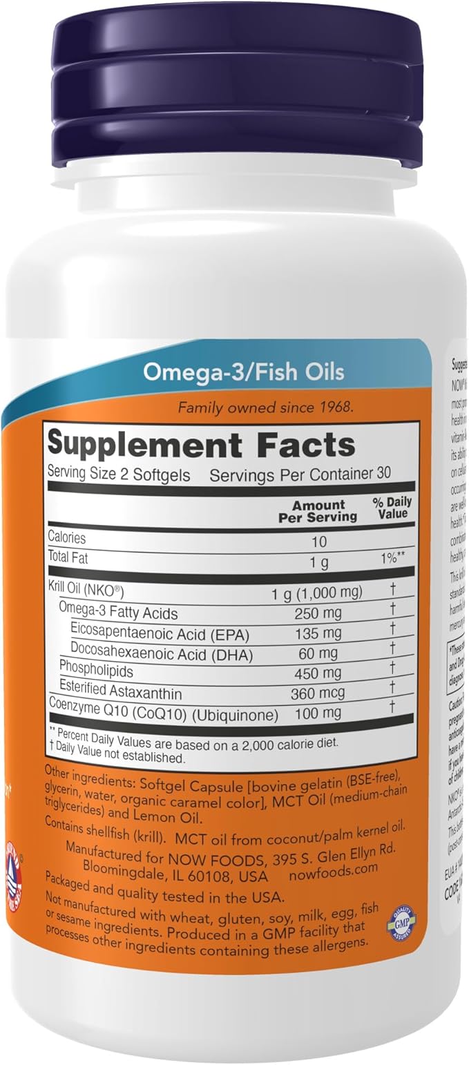 NOW Supplements, Krill & CoQ10, Phospholipid-Bound Omega-3, Heart 60 Softgels