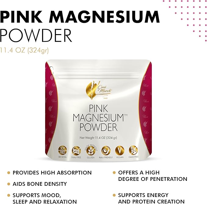 Coco March Pink Magnesium Powder - Promotes Sleep, Relaxation and Healthy Brain Function, Strawberry Flavor - Free from: Gluten, Dairy, GMOs, Soy, Vegan, Keto Friendly - 45 Day Supply