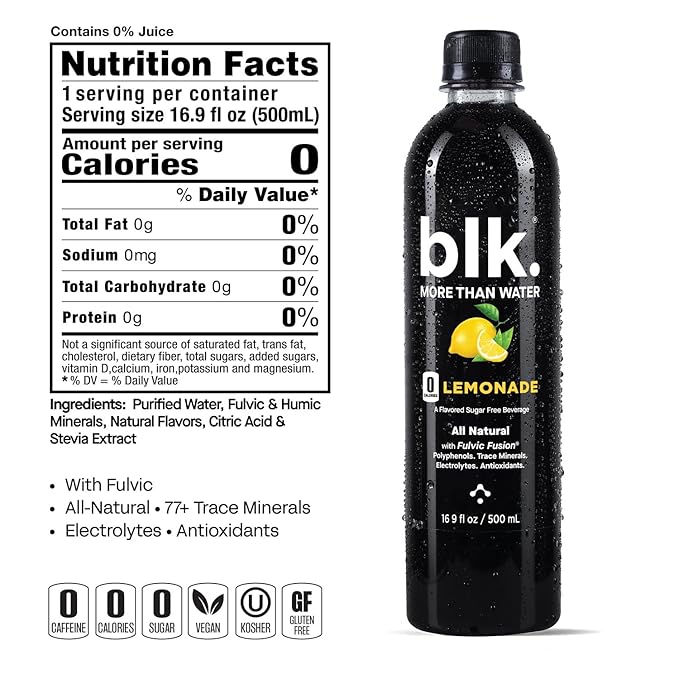 blk. Natural Alkaline Mineral Water Electrolyte Infused with Fulvic and Amino Acids, Zero Sugar Drink, Lemonade Flavored, 16.9 Ounce (500 mL), Pack of 12