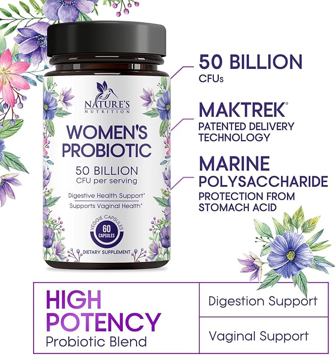 Probiotics for Women's Digestive Health, 50 Billion CFU for Vaginal pH, Gut Health & Immune Support, Daily Probiotic Supplement for Feminine Health, 5 Strains, Gluten Free - 60 Capsules