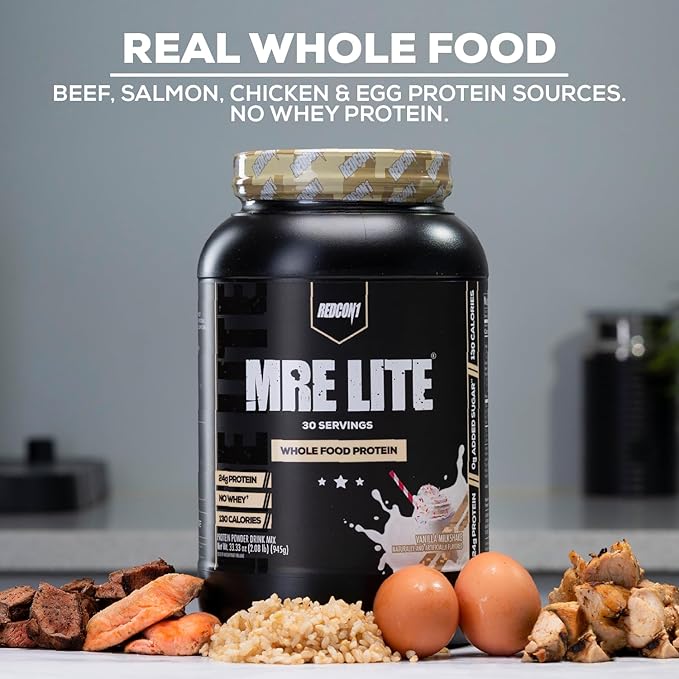 REDCON1 MRE Lite Whole Food Protein Powder, Vanilla - Low Carb & Whey Free Meal Replacement with Animal Protein Blends - Easy to Digest Supplement Made with MCT Oils (20 Servings)