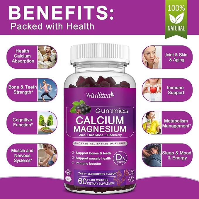 Calcium Magnesium Zinc Gummes with Magnesium 200mg, Potassium D3, 60veggie 60veggie Whole
