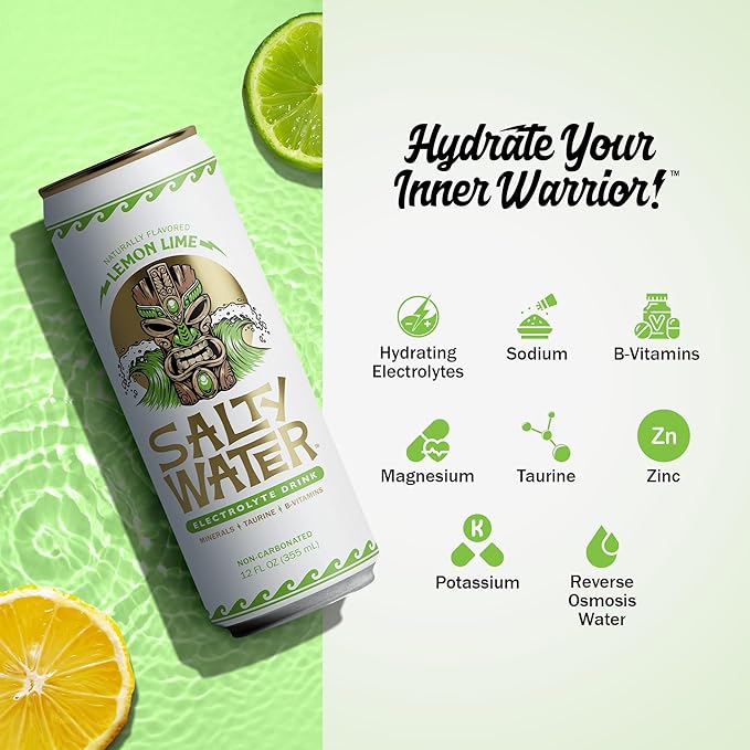 SaltyWater Electrolyte Drink, Lemon Lime β Zero Sugar Premium Hydration Drink, 10 Calories, Minerals, Taurine, B-Vitamins, Non-Carbonated - Zero Caffeine Electrolyte Sports Drink - Keto, Paleo, Vegan - 12 Pack (12 oz)