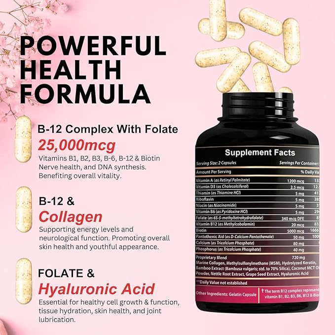 B12 with Hyaluronic Acid, Collagen and 25000 mcg B12 Methylcobalamin B1, B2, B2, B3, B3, B6, B6, B7 B7 Complex 60 Capsules