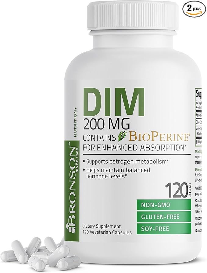 Bronson DIM Supplement 200 MG Diindolymethane with BioPerine for Enhanced Absorption, Estrogen Metabolism & Maintains Balanced Hormone Levels, 120 Vegetarian Capsules