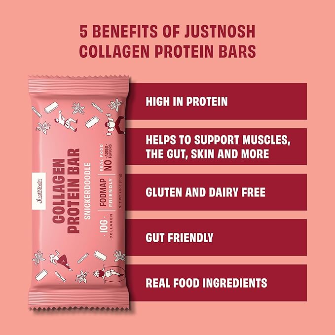 JustNosh Collagen Protein Bars, 10g Collagen, 15g Protein, Gluten Free, Dairy Free, FODMAP Friendly, Seed Oil Free Certified, Clean Ingredients | Snickerdoodle (12 Pack)
